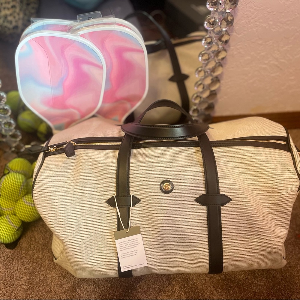 Beige and Black Travel Duffel Bag